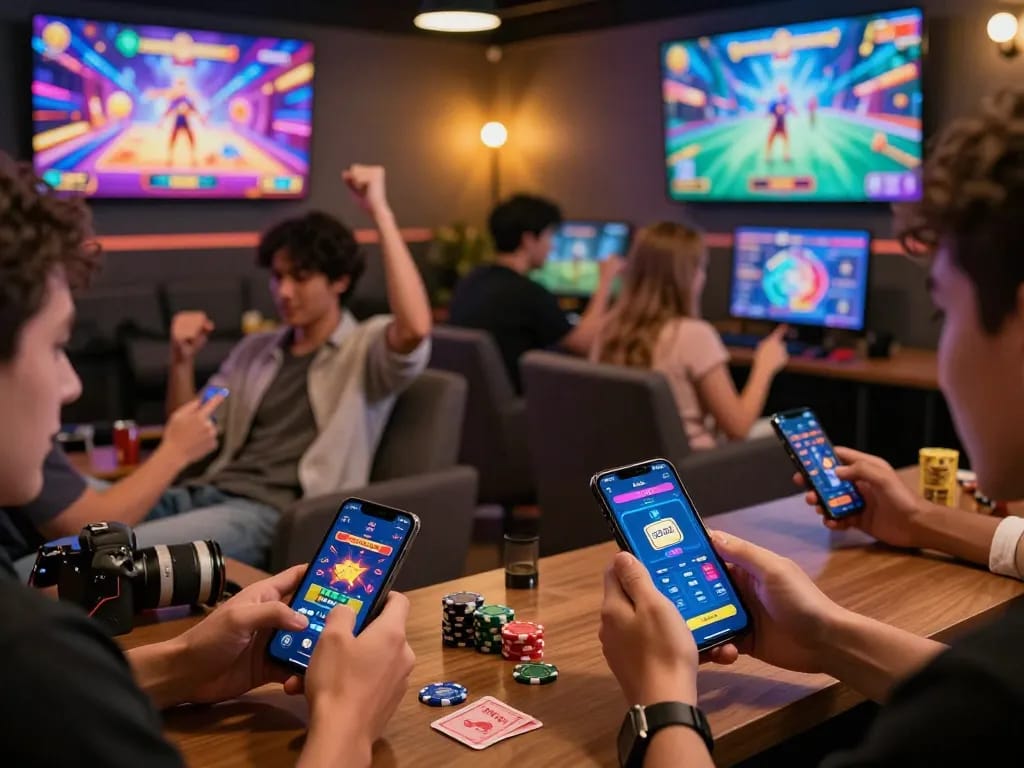 Engaging atmosphere at SC88 online gaming lounge with players enjoying mobile games.