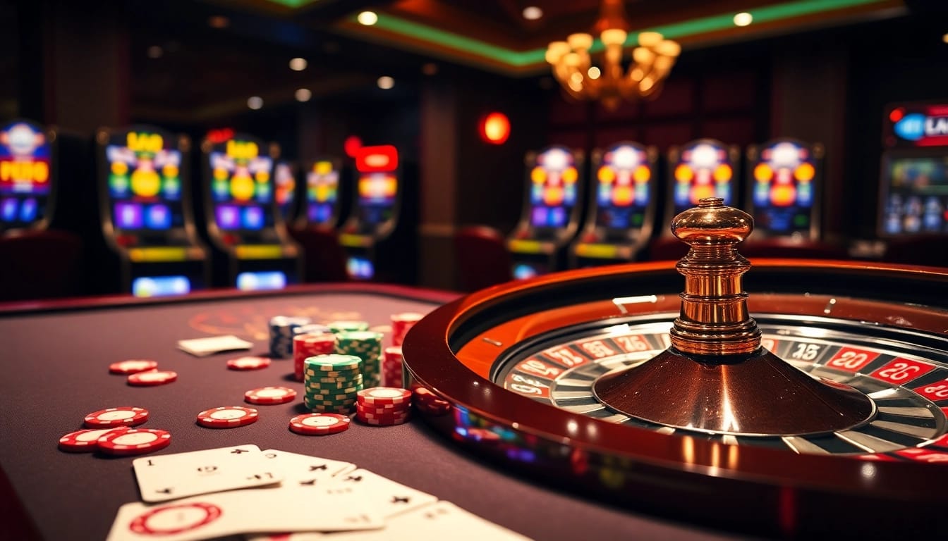 Thrilling casino experience at LUCK8 showcasing poker chips and a roulette wheel.