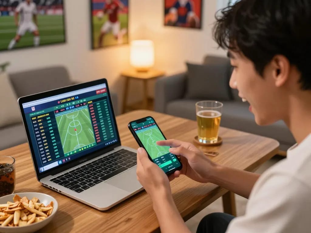 Excited player using https://tx88.bid/ for online sports betting on smartphone in a cozy environment