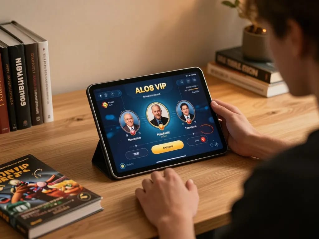 Engaging with ALO8 VIP online casino game on a tablet, highlighting responsible gaming practices.