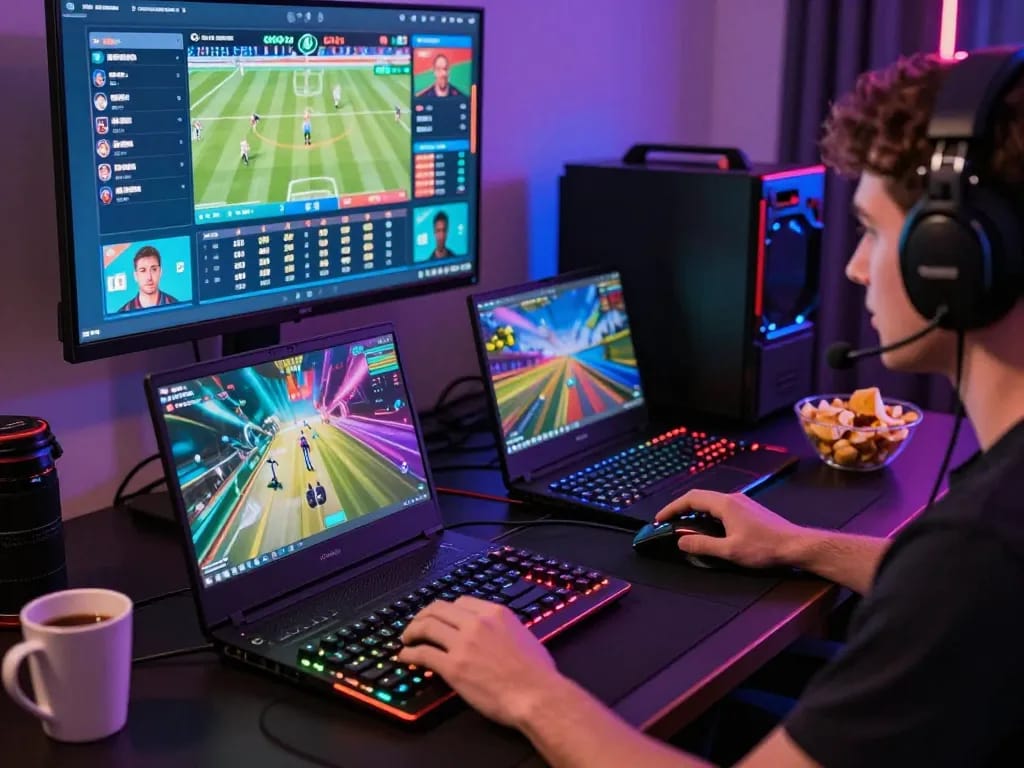Engaged player enjoying diverse games on nhà cái Goal123 platform with vibrant interface and gaming accessories.