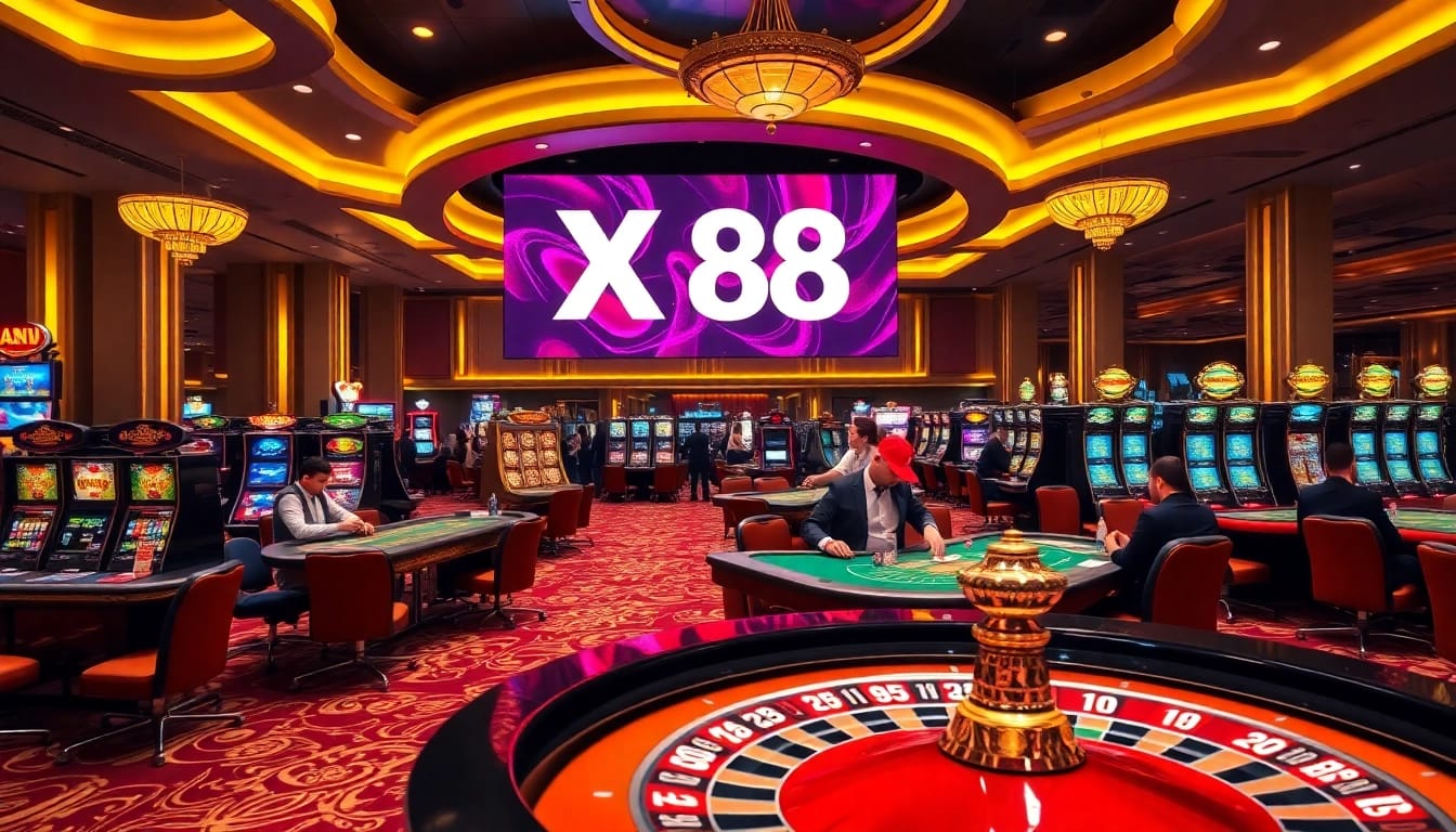 Players enjoying their games at the vibrant XX 88 casino, with roulette and poker tables highlighted.