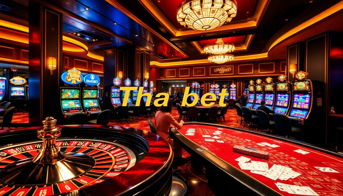 Thrilling casino scene showcasing vibrant slots and elegant tables at Tha bet, capturing luxury and excitement.