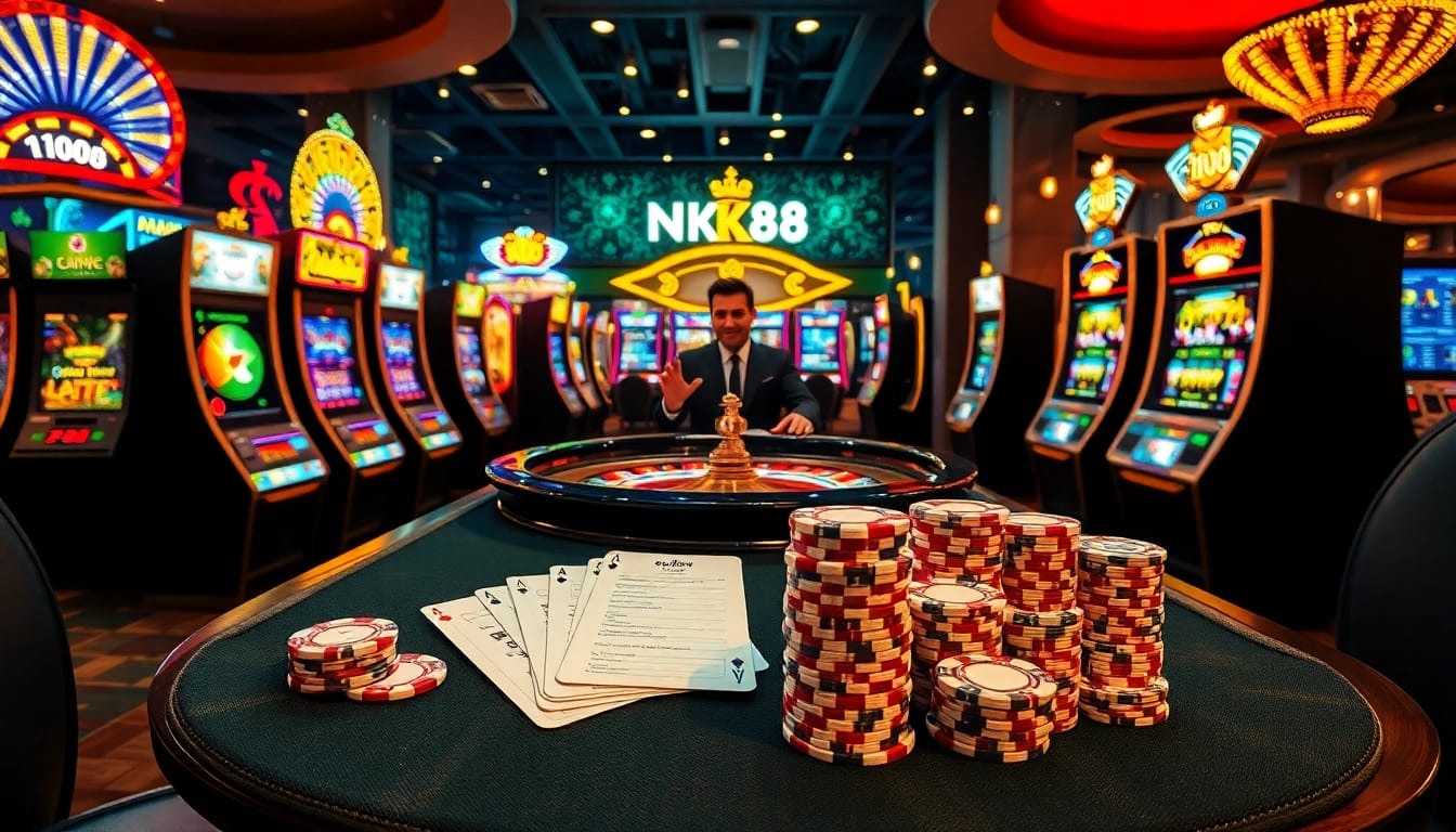 Experience the thrills of nk88 bet with vibrant roulette tables and stacked poker chips.