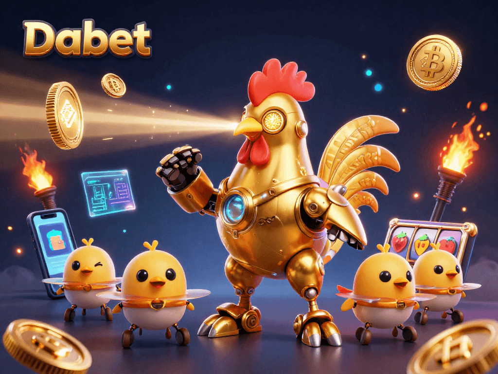 Dabet offers thrilling slots action with a futuristic golden rooster robot and baby chick drones.