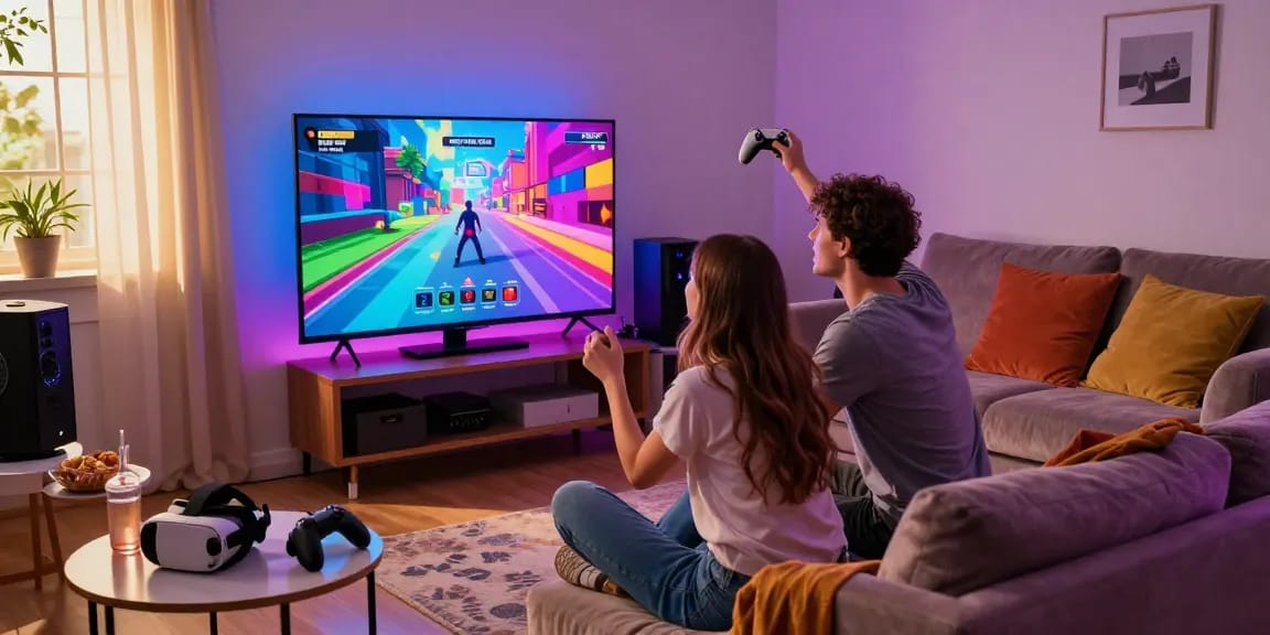 Couple enjoying game sex on console in a lively gaming room atmosphere