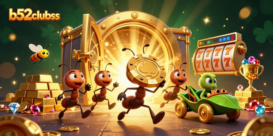 B52clubss team of ants heist golden poker chip in vibrant casino scene.