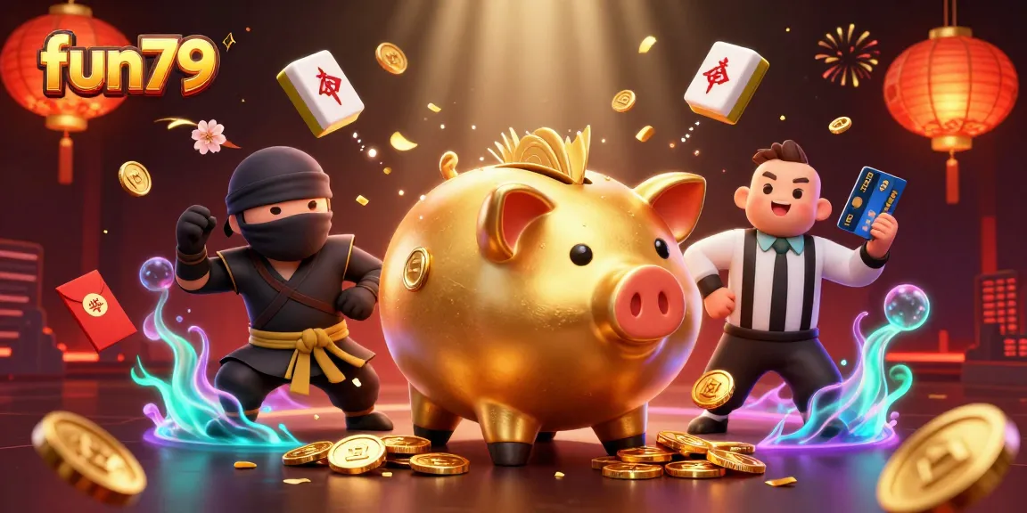 Experience fun79 with a vibrant 3D scene featuring lively casino characters surrounded by rich gaming elements.