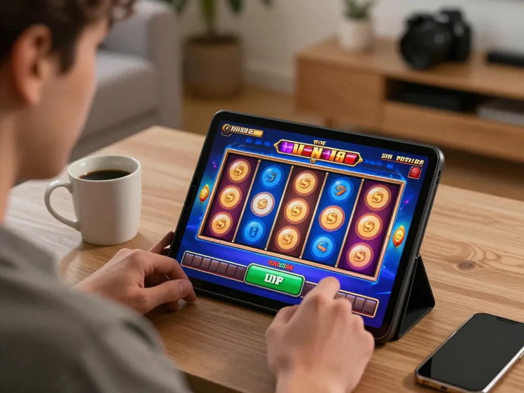 Engaging gaming experience using Link mới Rik88 for online slots in a cozy home workspace