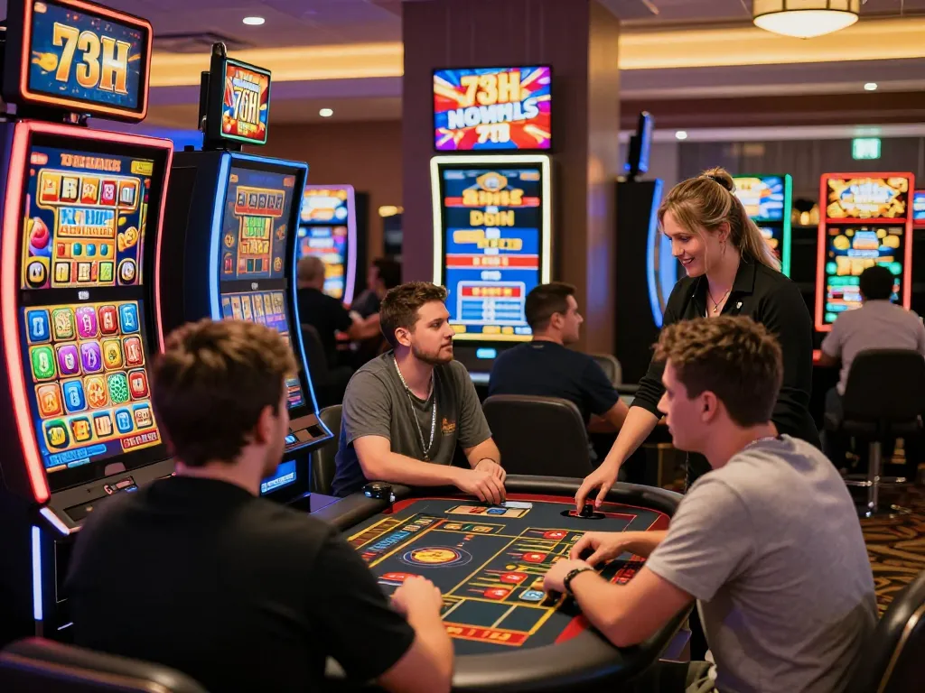 Players experiencing BAIXA 73H gaming thrill in a lively online casino atmosphere with engaging visuals and HD live dealer interactions.