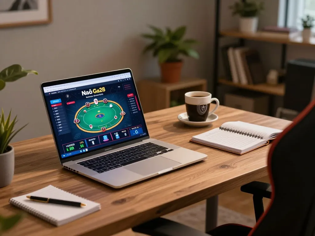 Engaging gameplay at Nhà cái Ga28 on a laptop in a cozy home office setting.