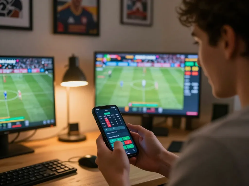 Person using BL555 betting app for live sports wagers in a modern home office.