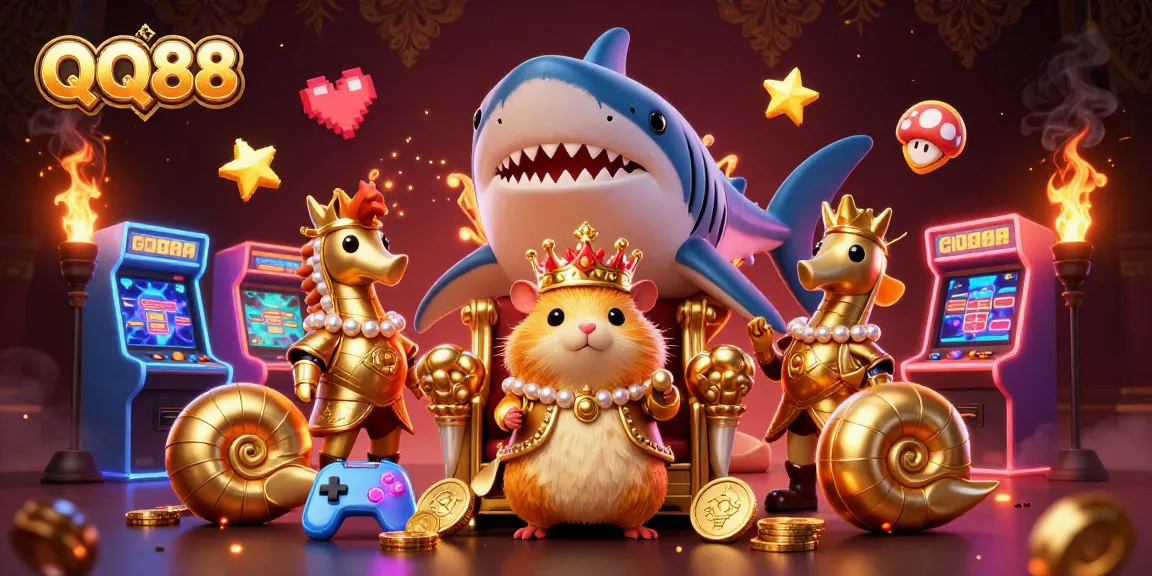 QQ88 engages players with dynamic visuals of a gaming scene featuring a golden hamster king and arcade elements.