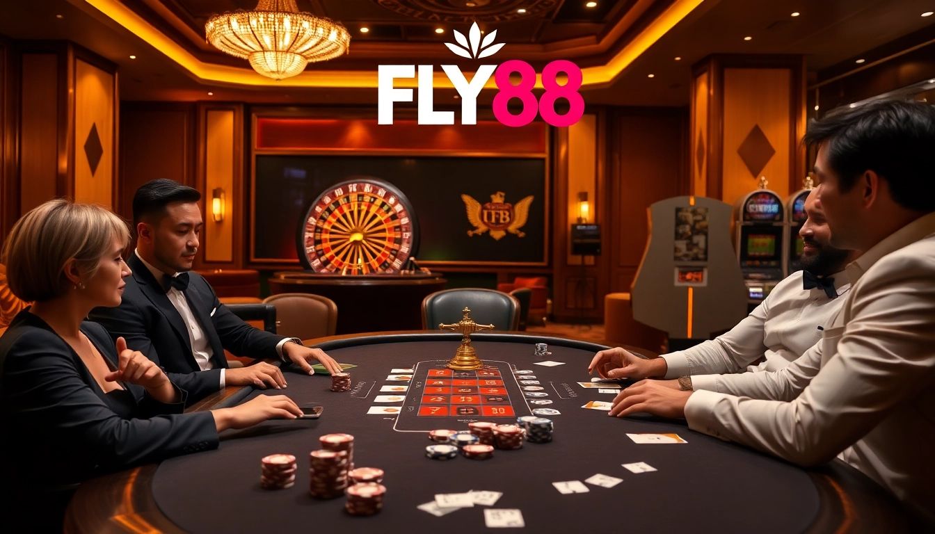 FLY88 poker players strategizing at a luxurious casino table with vibrant ambiance.