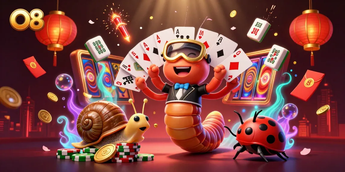 Engage with O8's vibrant casino scene featuring a cartoon dealer and exciting game elements.