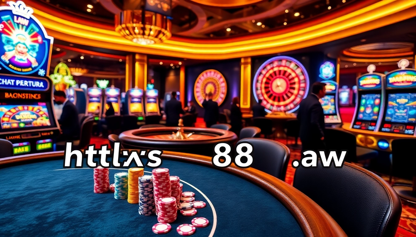 A vibrant casino scene capturing the excitement of online gaming with https://88aa.law/ displayed on digital interfaces.