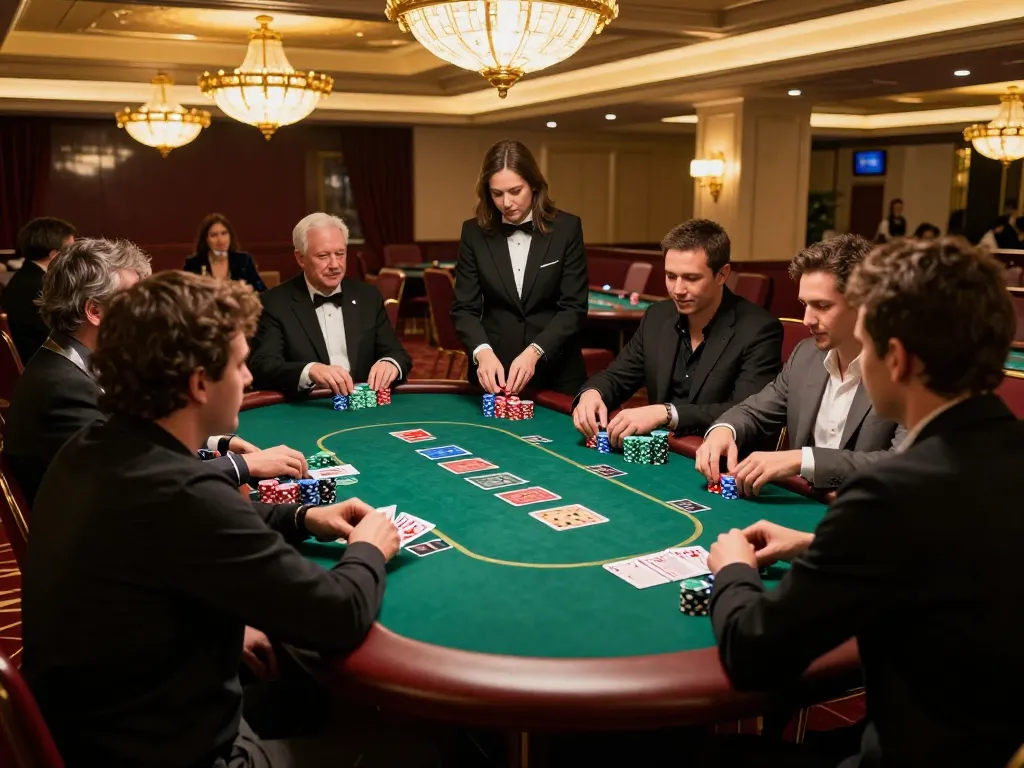 vk88 players strategizing over Texas Hold'em poker chips in a luxurious casino setting