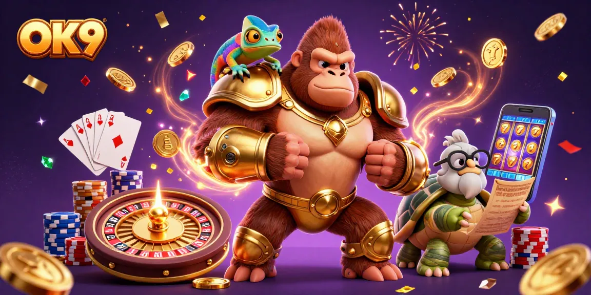 Join the excitement at OK9 with a vibrant 3D illustration showcasing a gorilla king, golden coins, and gambling elements.