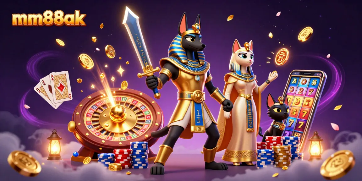 Win big with mm88ak's Egyptian warriors amidst cascading coins and a bustling casino scene.