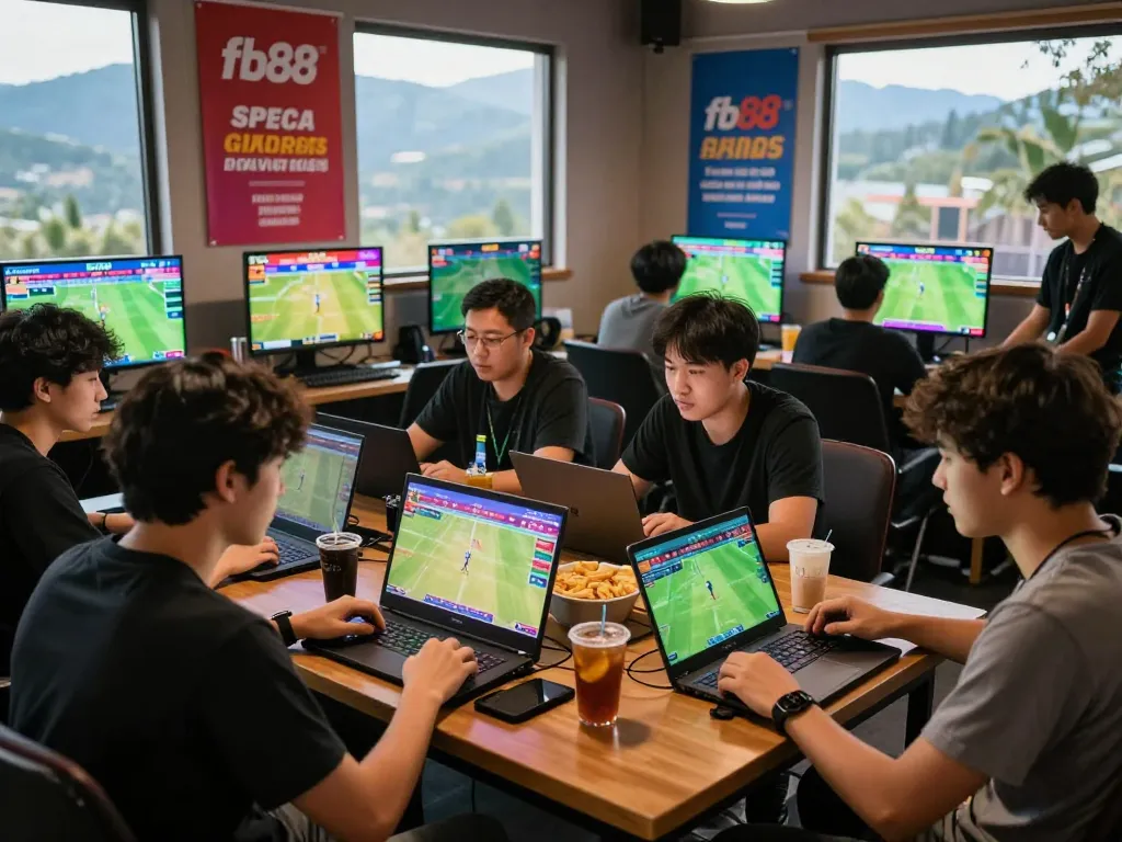 Players engaging with live sports betting on laptops at fb88 đăng nhập event, vibrant atmosphere.