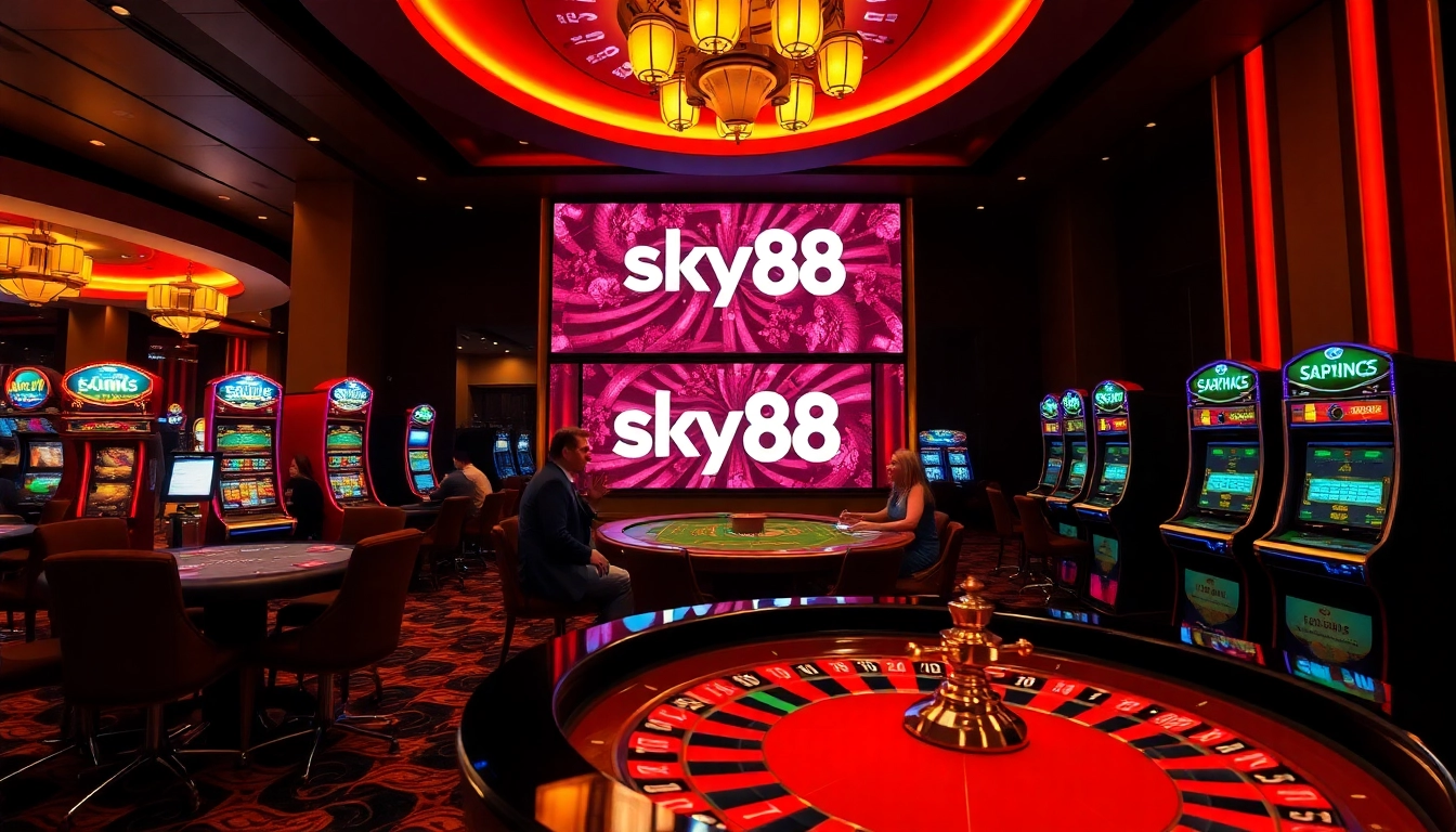 Engage with Sky88's luxurious casino experience, featuring vibrant gaming tables and excited players.