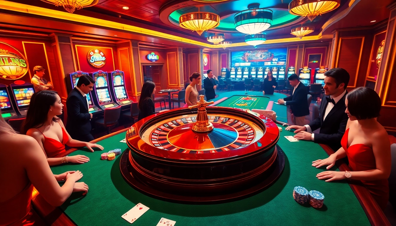 Experience luxury gaming with dh88-themed casino tables and vibrant slot machines.
