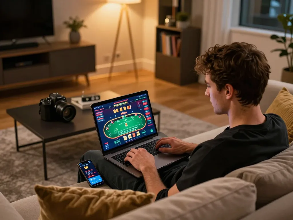 F168 player engaged in online poker game with laptop in cozy living room setting