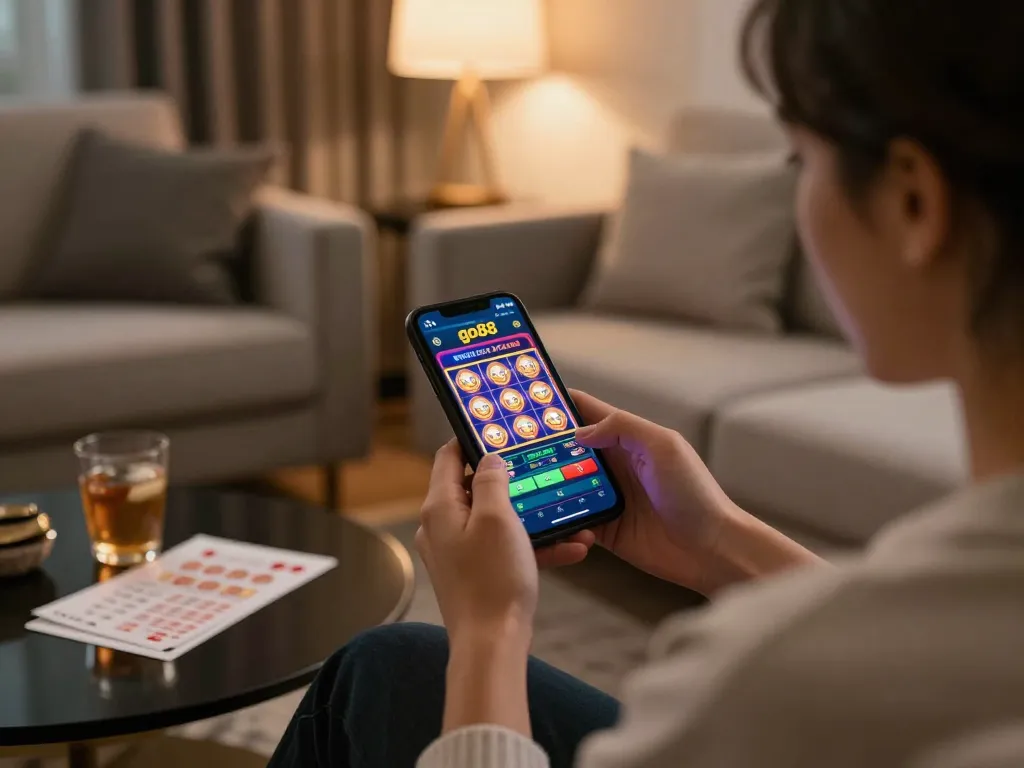 Engaging with go88 online casino app on smartphone in a cozy home setting