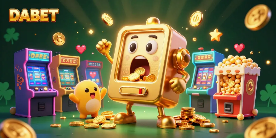 DABET slot machine hits jackpot with coins flying; lively casino scene full of arcade excitement.