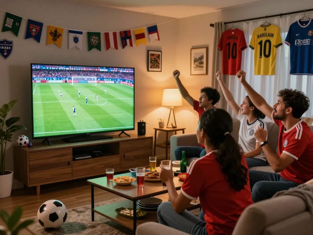 Fans enjoying a live soccer match with Socolive streaming on a large screen in a cozy living room.