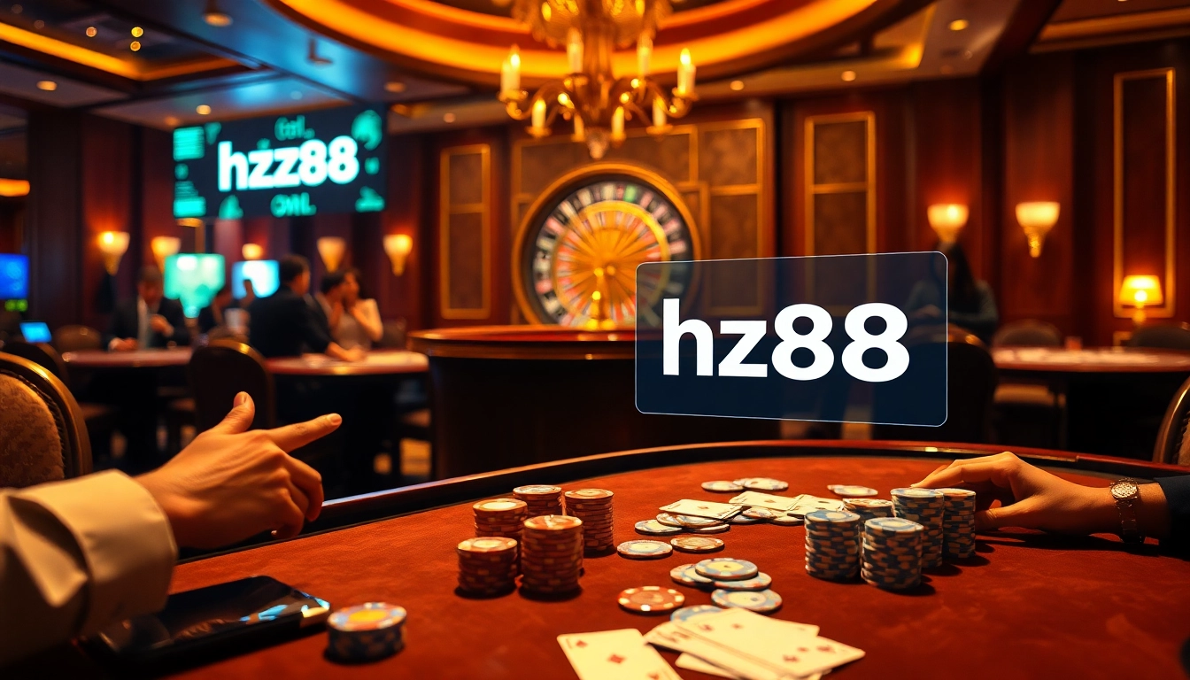 Engaging poker game with the hz88 logo, showcasing chips and cards in a vibrant casino.