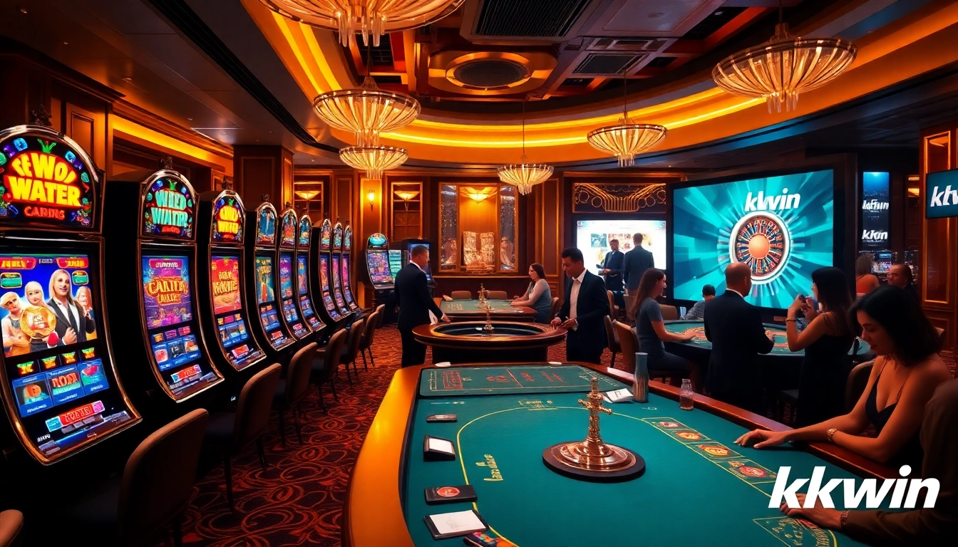 Players enjoying a thrilling gaming experience at kkwin's luxurious casino, showcasing vibrant slot machines and poker tables.