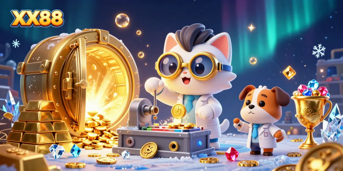 Experience exciting wins at XX88 with a 3D illustration of mad scientist cat and dog amid golden treasures.