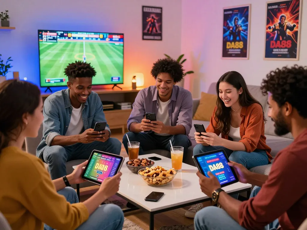 Engaging group of friends enjoying the nhà cái DA88 online gaming experience in a lively living room.