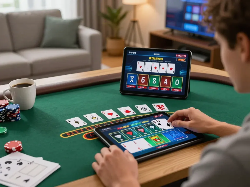 Engaging in online blackjack at home with 68WIN app on a tablet, showcasing strategic gameplay.