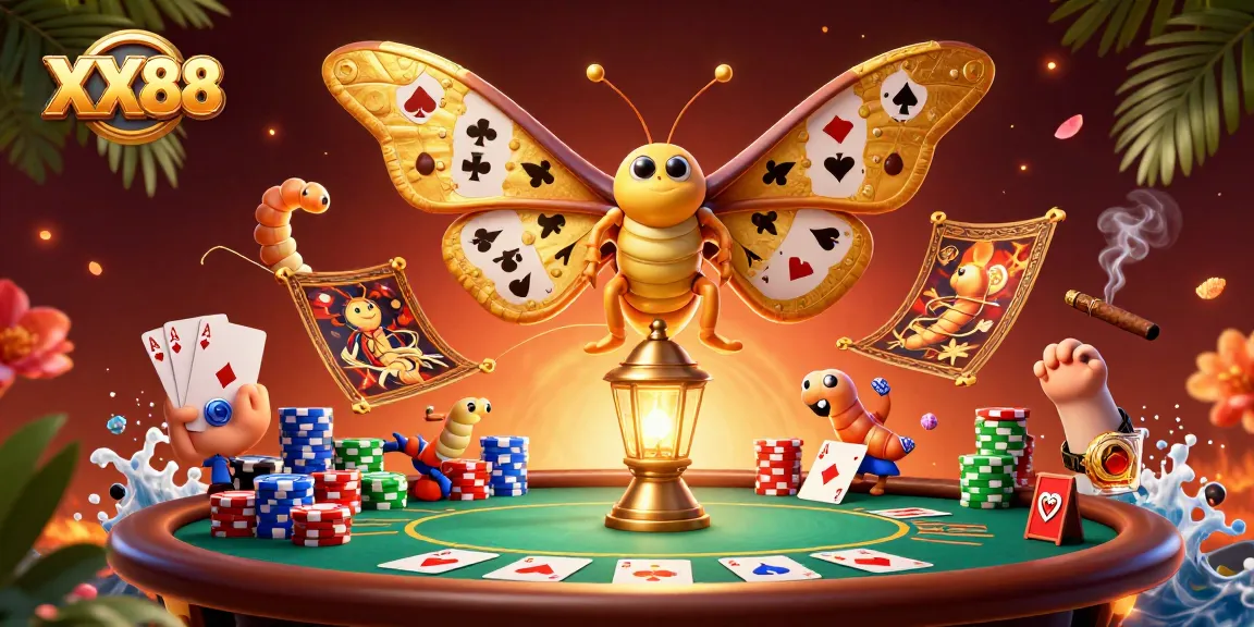 Experience exhilarating casino action at XX88 with a golden atlas moth illuminating vibrant games.