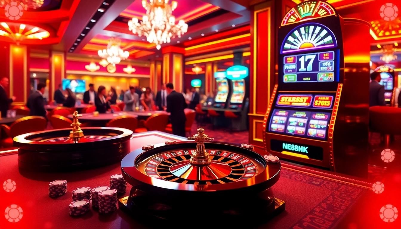 Experience thrilling gambling action at https://nk88nk.com/ with vibrant casino tables and poker chips.