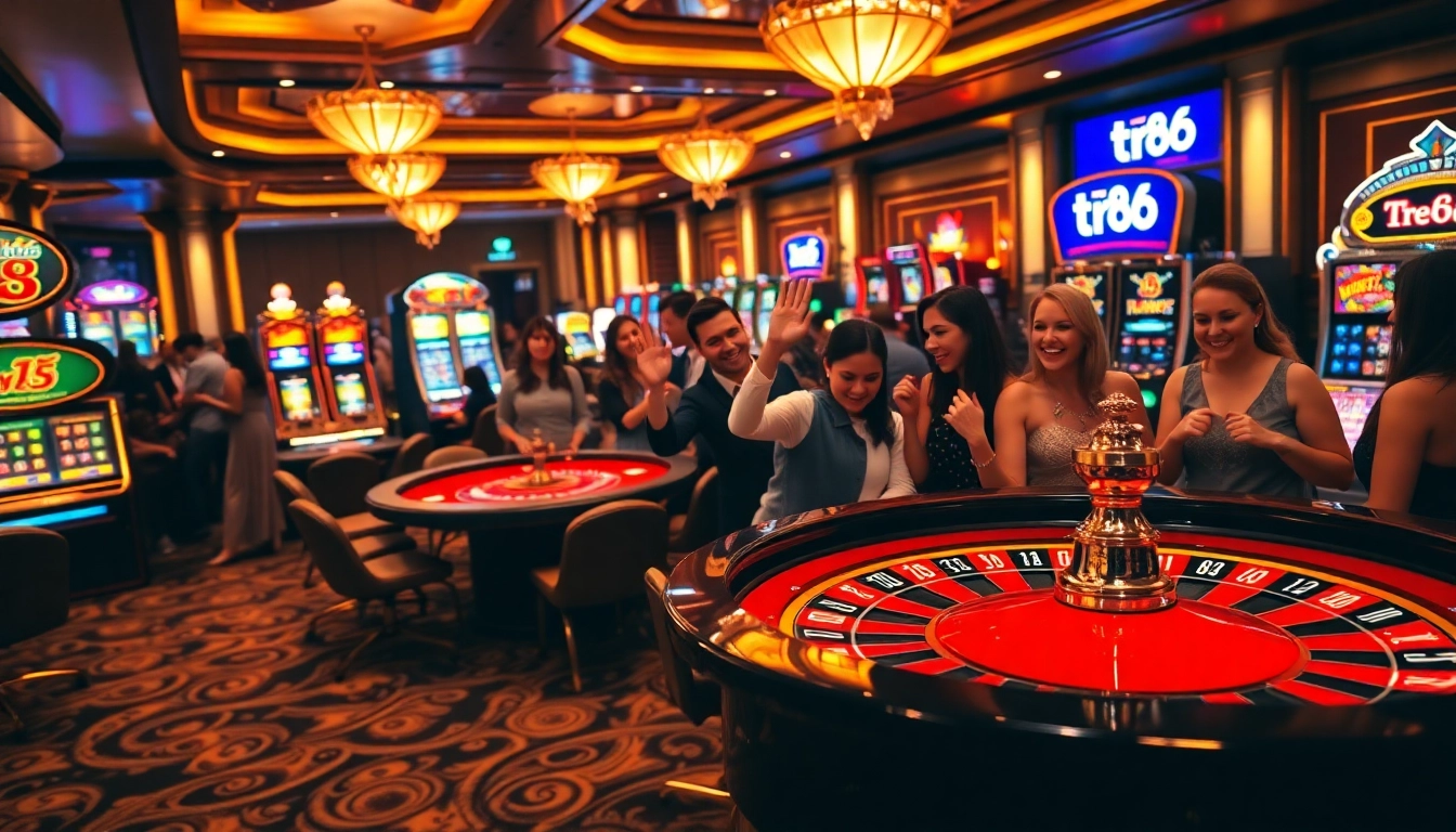 Excited players engage with tr88 slots and casino tables in a luxurious setting.