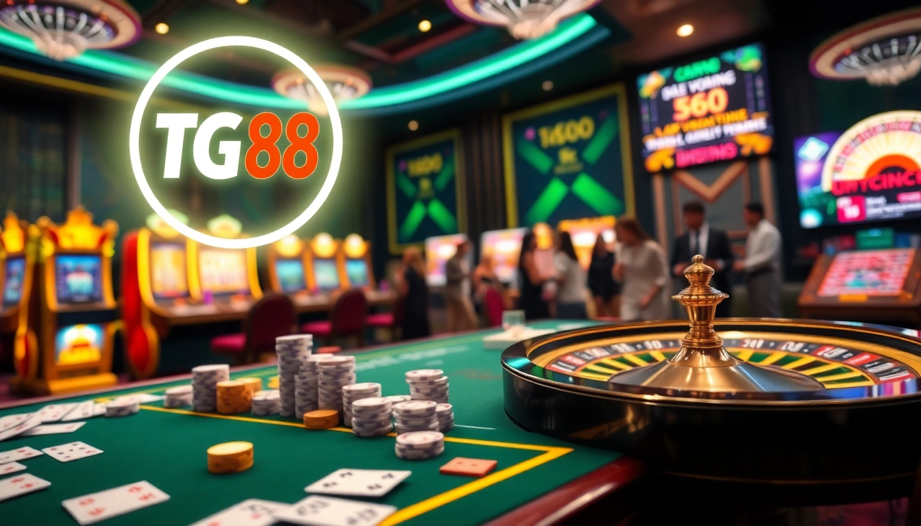 Exciting casino scene featuring TG 88 logo with players at a gaming table surrounded by vibrant slots and roulette.