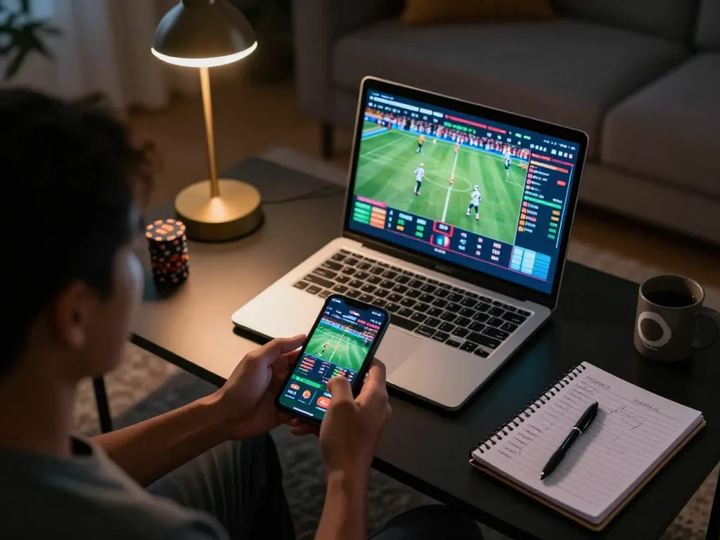Person engaged in atq com sports betting on smartphone, vibrant home setting with betting notes