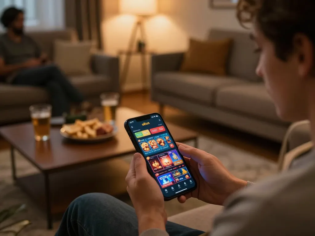 Player enjoying okfun casino games on a smartphone in a cozy home setting, capturing the essence of online gambling