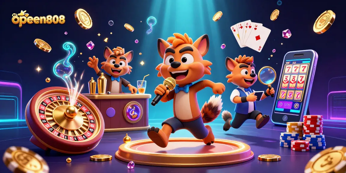 Experience open8808 at a lively casino scene with hyenas, showcasing games and entertainment.