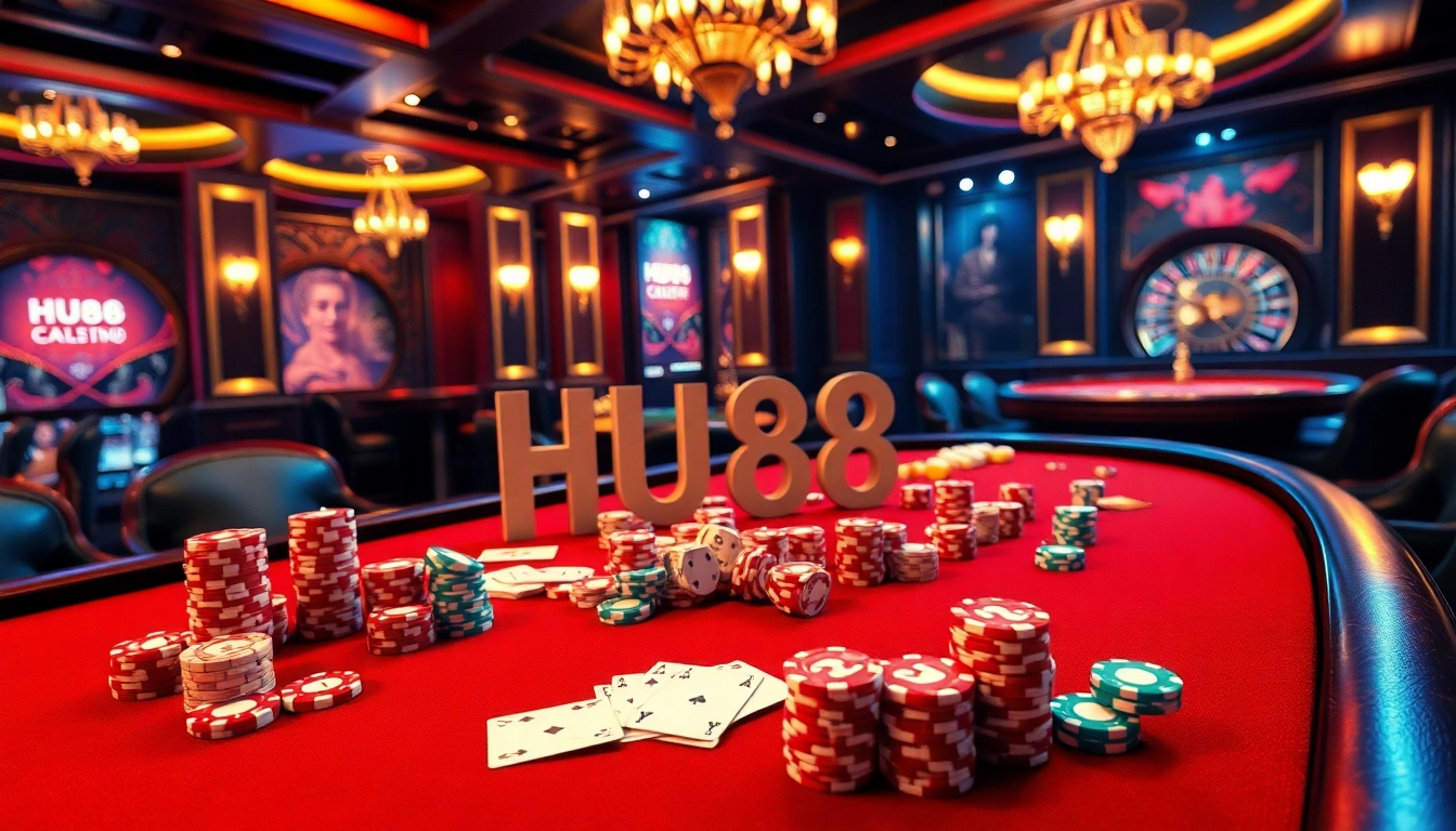 Engaging players at a HU88-themed casino table with vibrant poker chips and cards.