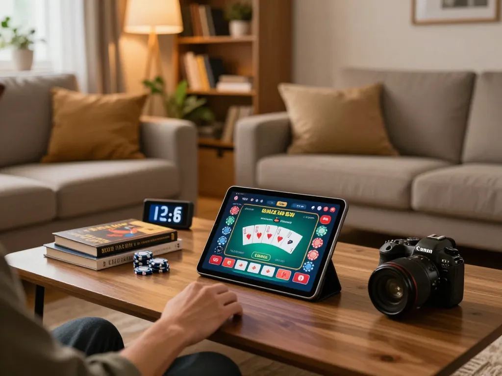 Engaging with LLWIN TECH poker game on tablet in cozy living room atmosphere.