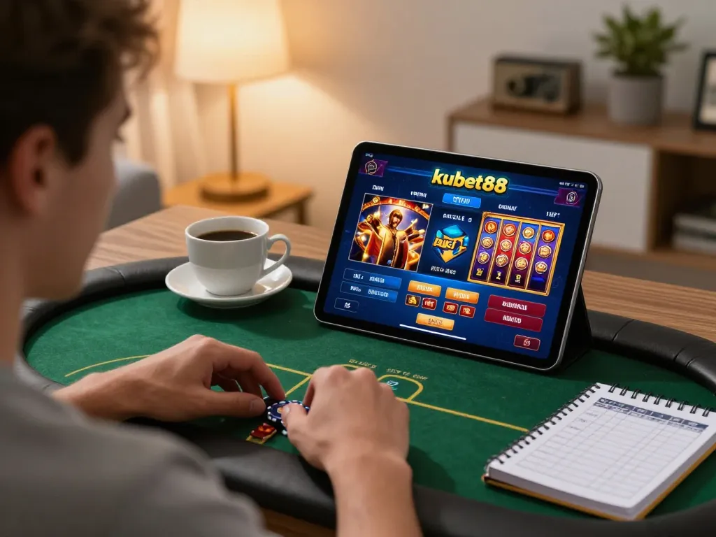 Kubet88 player engaging with online casino games on tablet, emphasizing strategic gameplay.