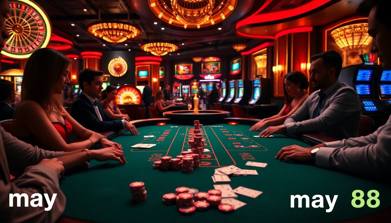 Experience the excitement of may88 with a luxurious baccarat table and thrilling casino atmosphere.