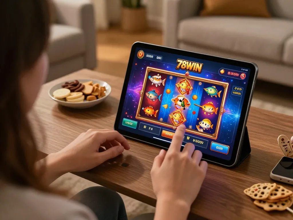 Players experiencing exciting gameplay on 78WIN slots in a cozy home setting.