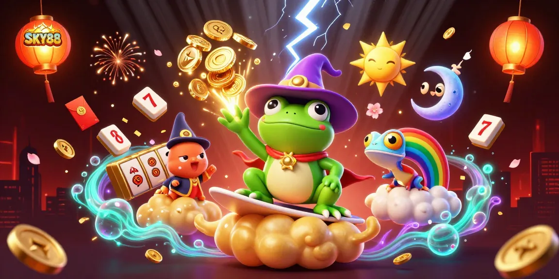 Engage with SKY88 through a vibrant scene of a wizard frog and chameleon in a dynamic casino atmosphere.