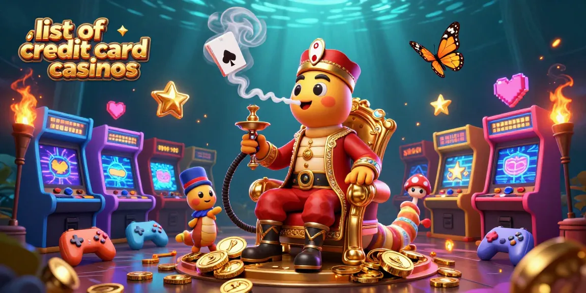 Engage with the vibrant list of credit card casinos illustrated with exciting gaming elements and characters.