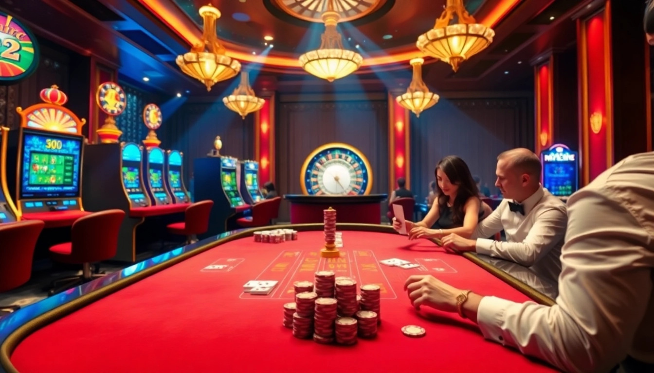Players enjoying an engaging poker game at MM88.dance casino, showcasing excitement and luxury.